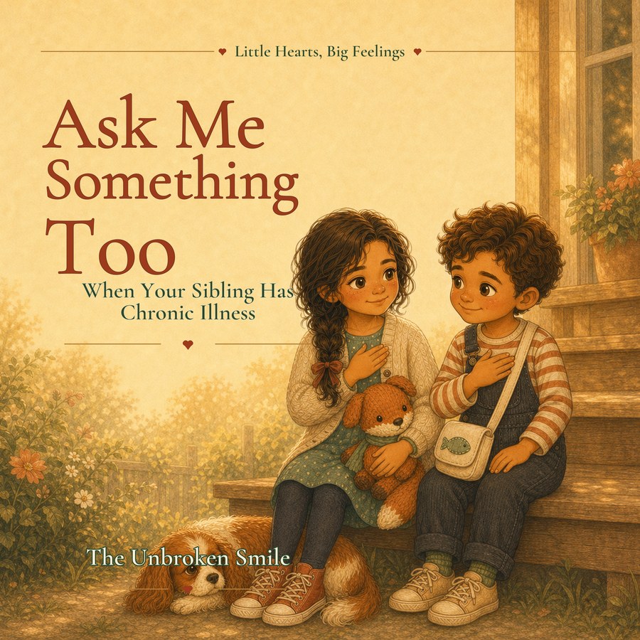Ask Me Something Too, a picture book for the child whose sibling has chronic illness, Book 10 of the Little Hearts Big Feelings series by The Unbroken Smile