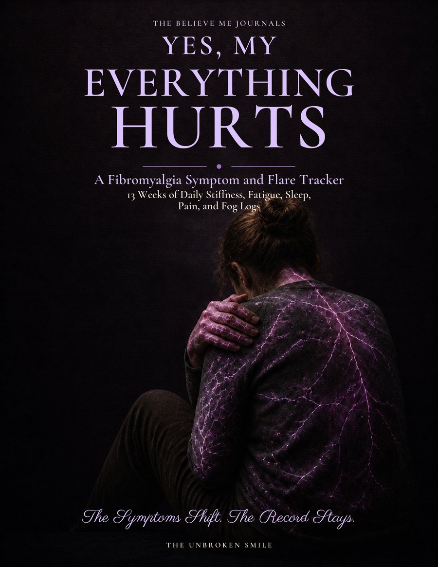 Yes, My Everything Hurts, a fibromyalgia symptom and flare tracker with 13 weeks of daily stiffness, fatigue, sleep, pain, and fog logs, by The Unbroken Smile
