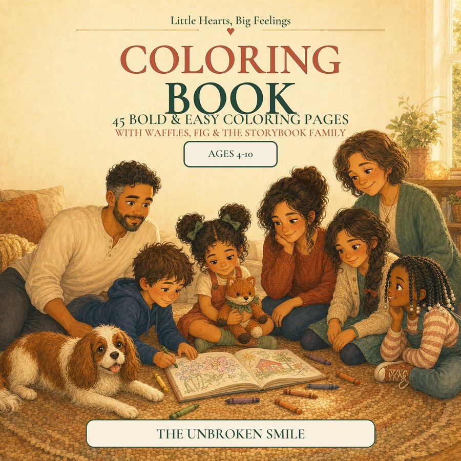 Little Hearts, Big Feelings Coloring Book, 45 bold and easy pages with Waffles, Fig, and the storybook family, for kids ages 4 to 10, by The Unbroken Smile