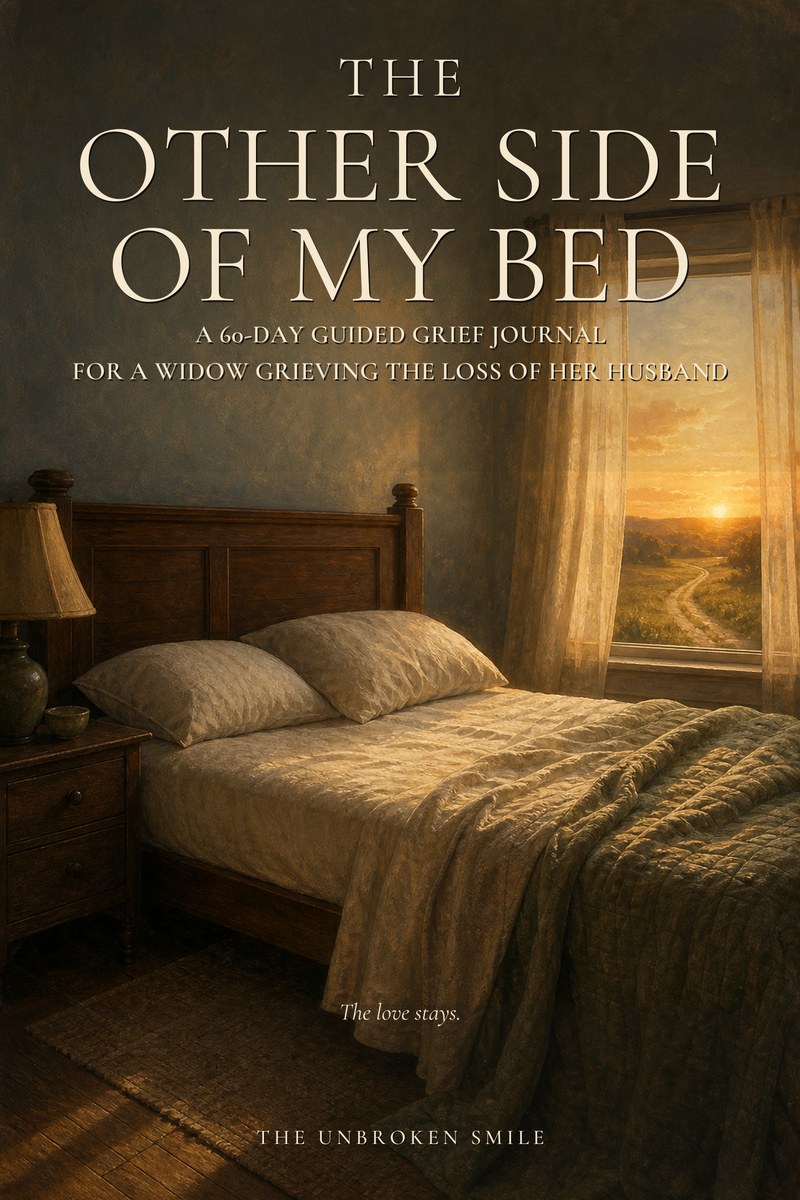 The Other Side of My Bed, a 60-day guided grief journal for a widow grieving the loss of her husband, by The Unbroken Smile