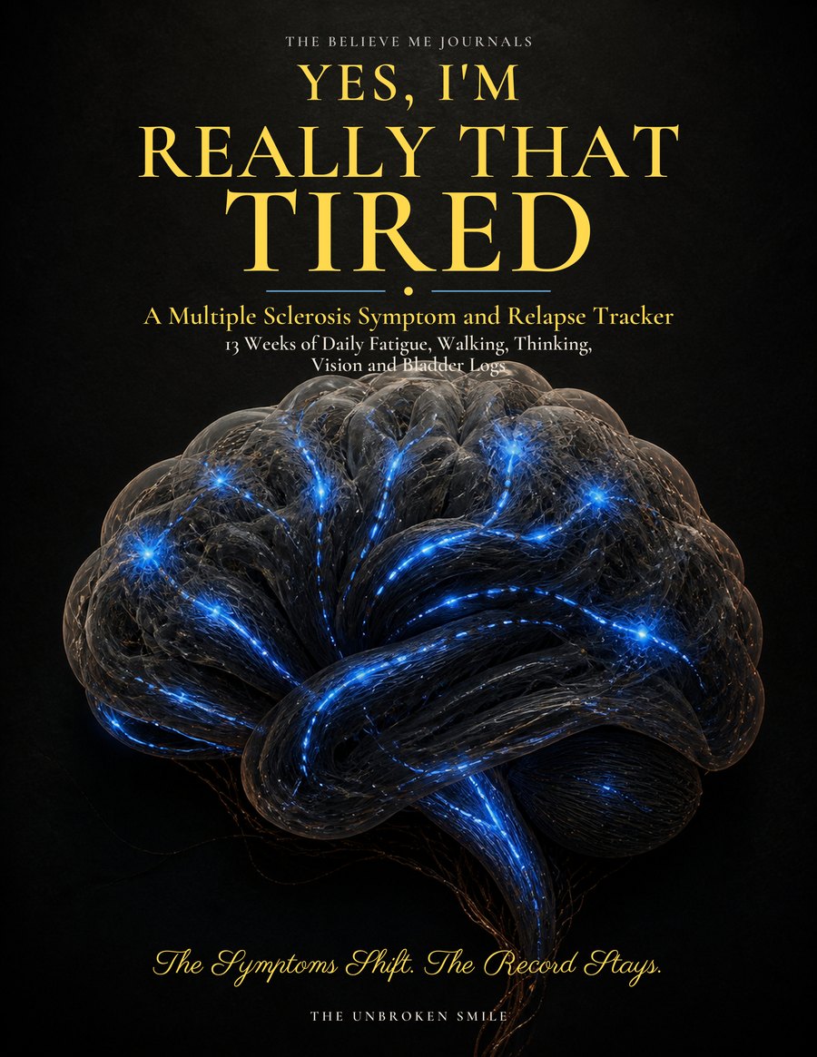 Yes, I'm Really That Tired, a multiple sclerosis symptom and relapse tracker with 13 weeks of daily fatigue, walking, thinking, vision, and bladder logs, by The Unbroken Smile