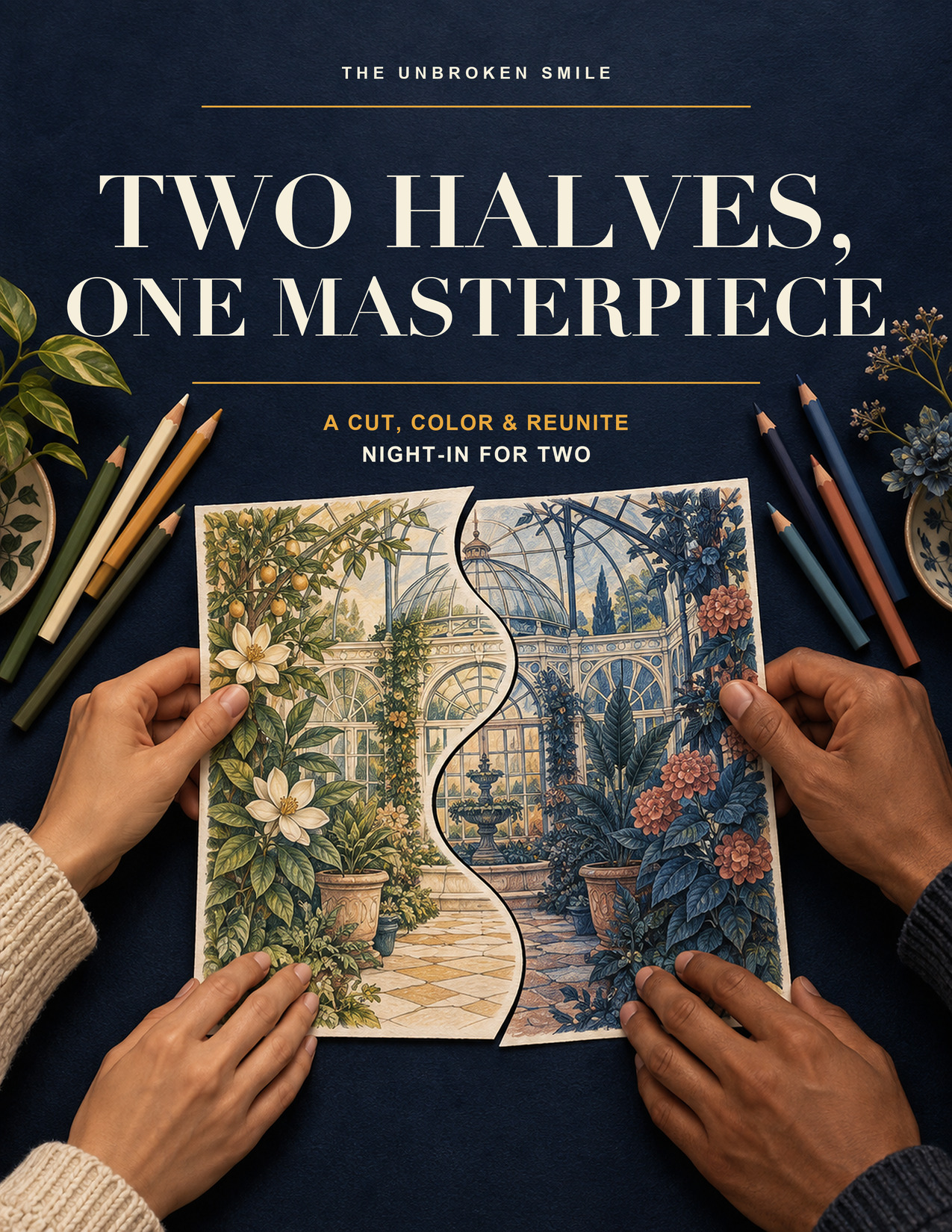 Two Halves, One Masterpiece, a cut, color and reunite night-in activity book for two, by The Unbroken Smile