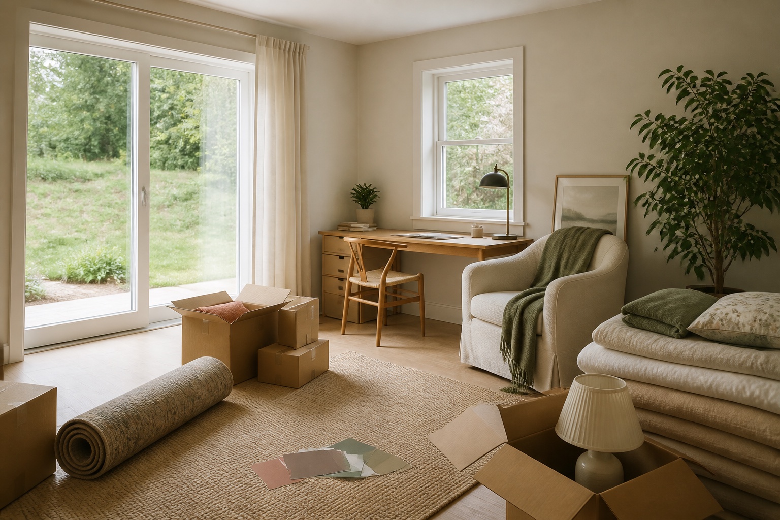 A warm walkout-basement room being prepared with moving boxes, a desk, soft furnishings and natural light