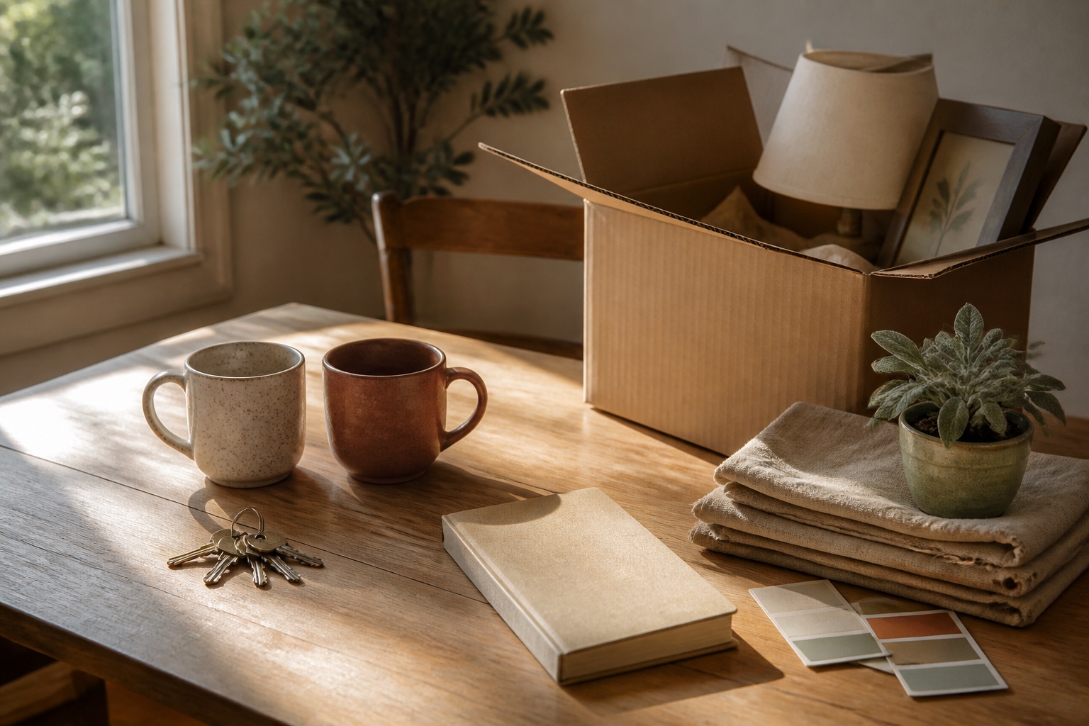 Two mugs, house keys, folded linen and a moving box in a warm home setting