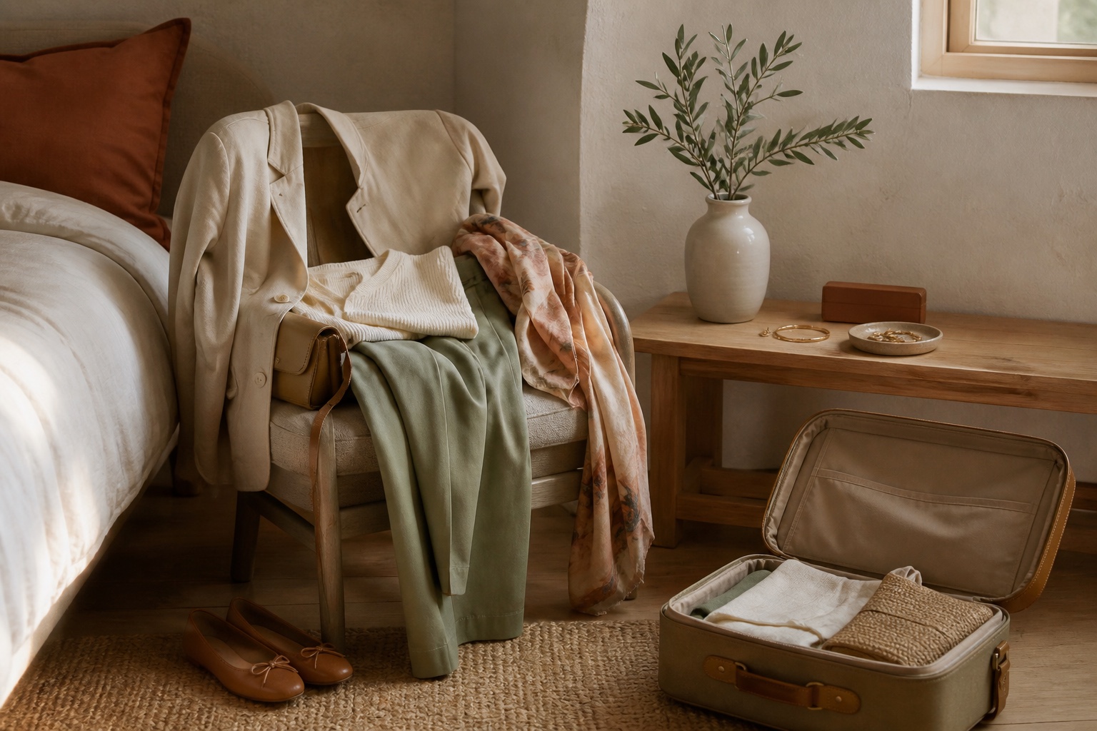 A comfortable capsule wardrobe with a soft jacket, relaxed trousers, flats, a crossbody bag and a travel suitcase