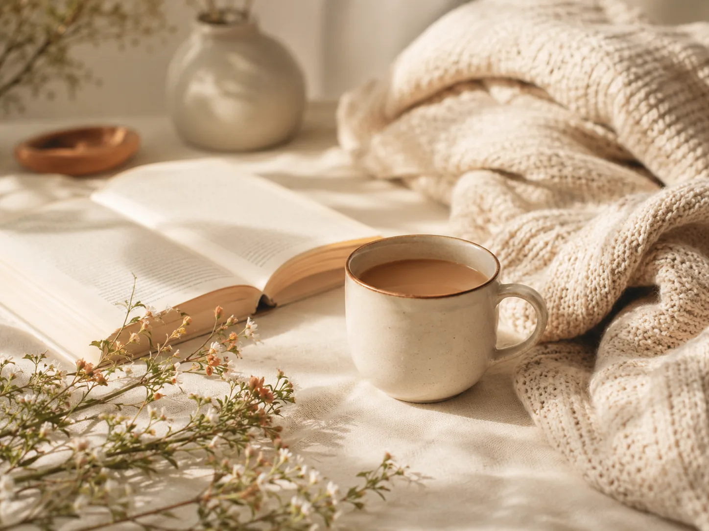 A warm mug, open book and soft knit blanket in calm afternoon light