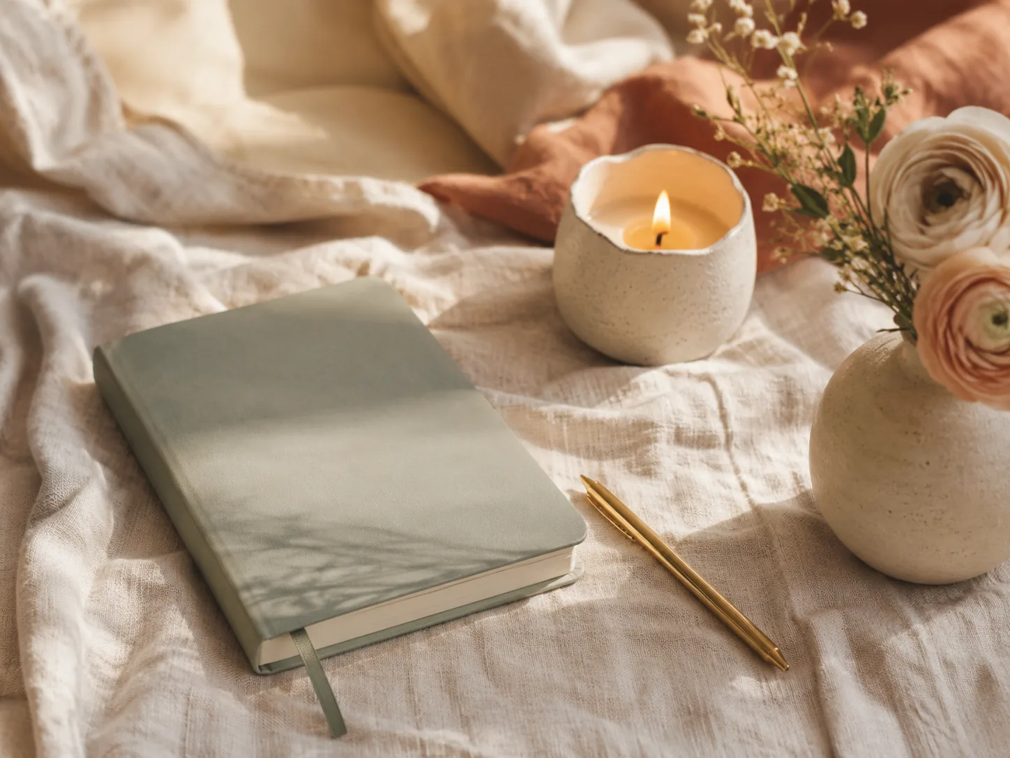A sage journal, candle, gold pen and flowers creating a gentle place to pause