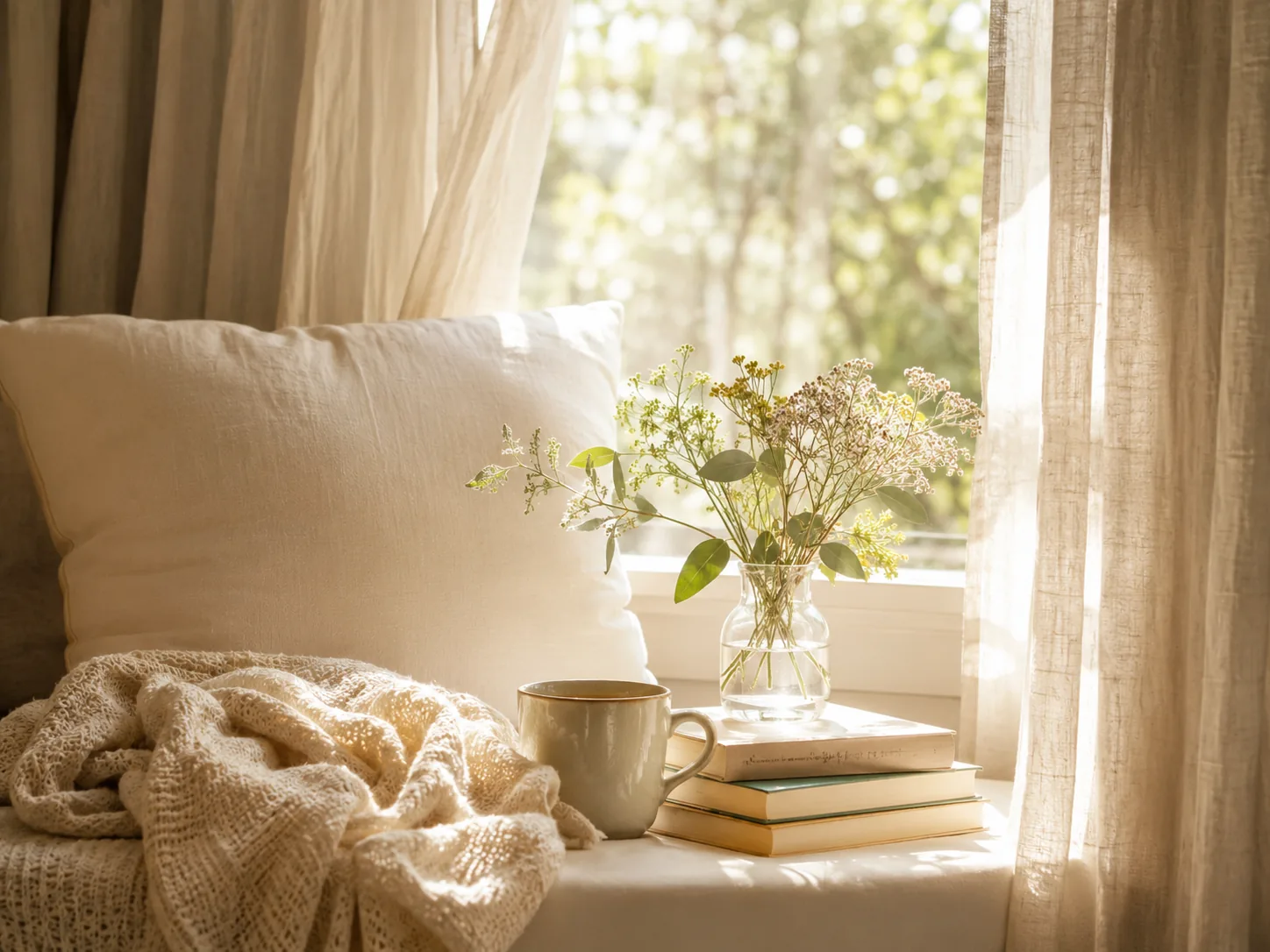 A soft window nook with linen pillows, a warm blanket, books, a mug and wildflowers in gentle natural light
