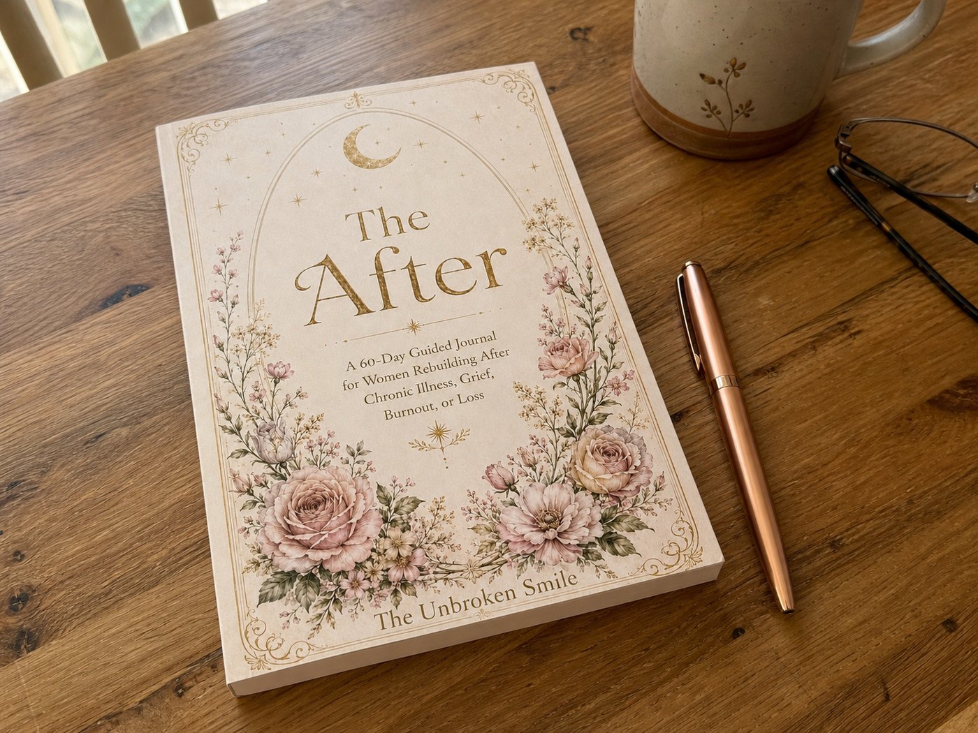 The After journal by The Unbroken Smile open on Jill's table with a rose gold pen and a cup of coffee.