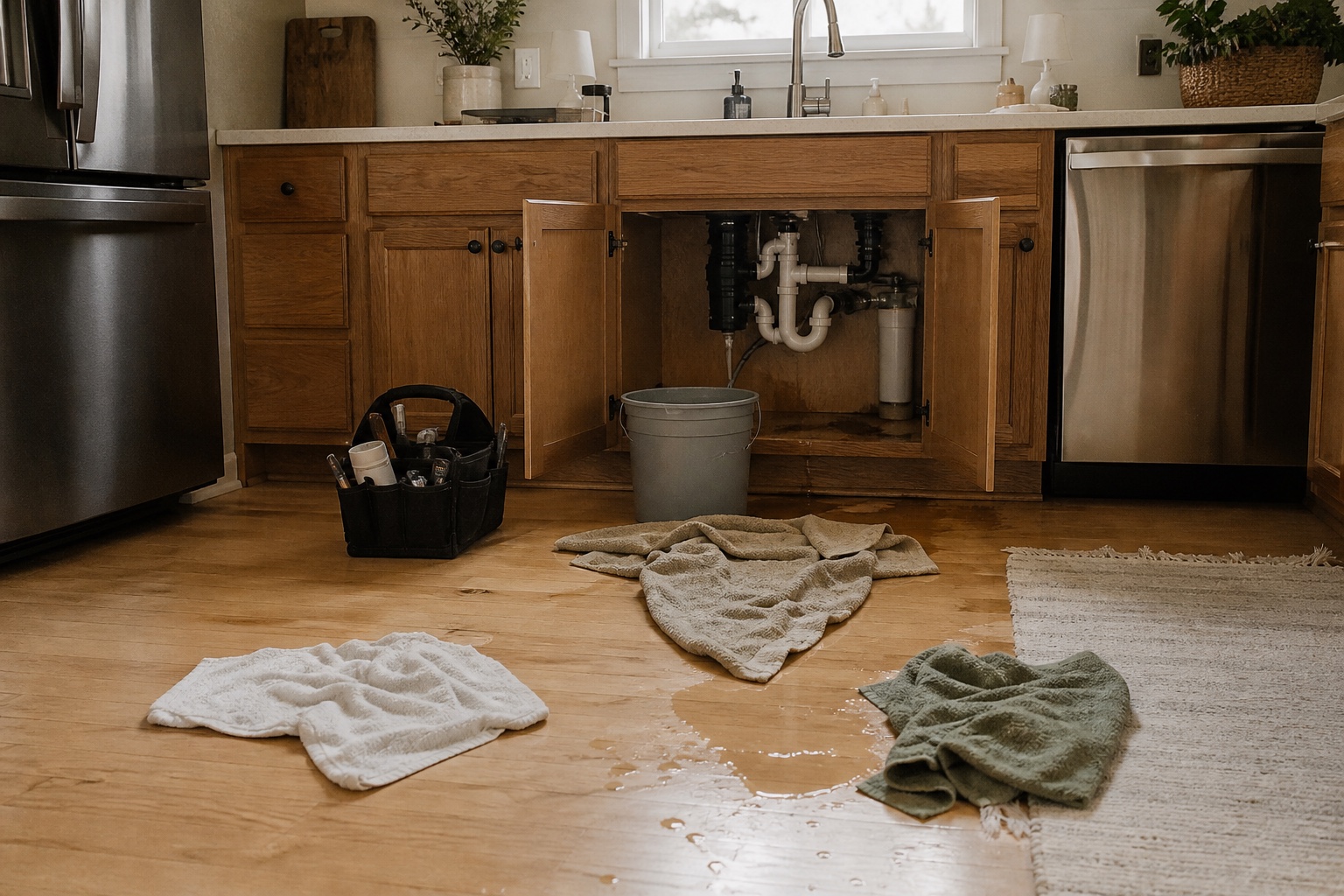 A kitchen after an under-sink water leak, with towels, a bucket and repair tools on the wood floor