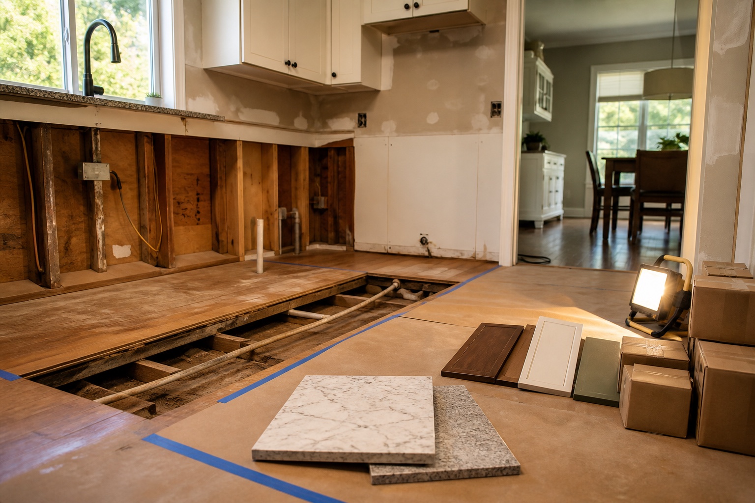 A family kitchen midway through careful repairs, with cabinets removed and timeless material samples nearby