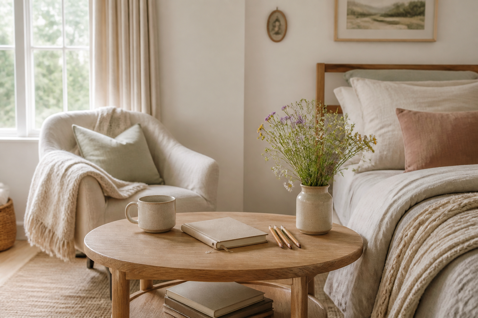 A peaceful bedroom reading corner with warm natural light, linen textures, wildflowers, a journal and colored pencils