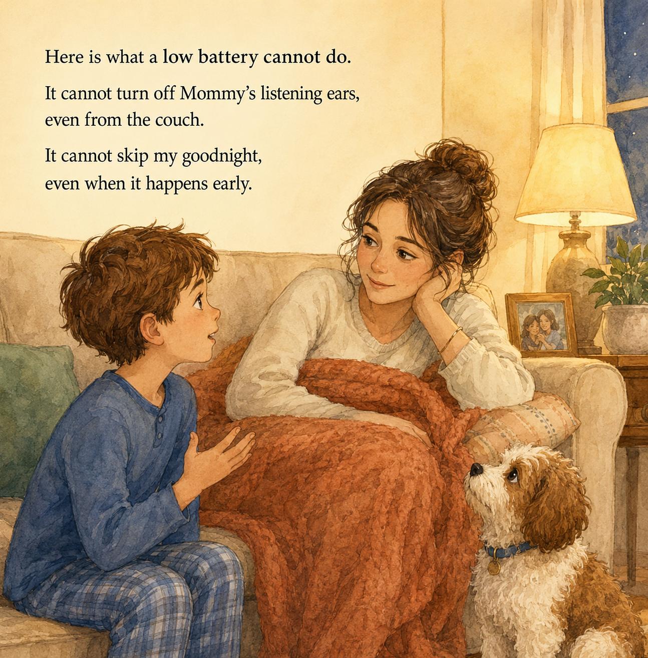 A real illustrated story spread from Mommy's Battery