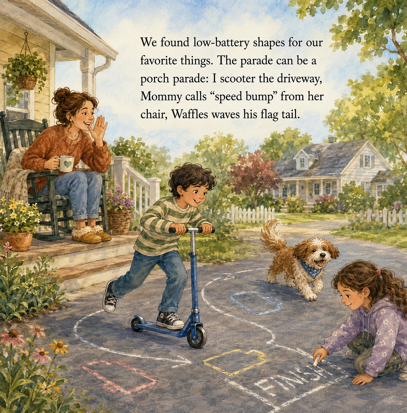 A second real illustrated story spread from Mommy's Battery