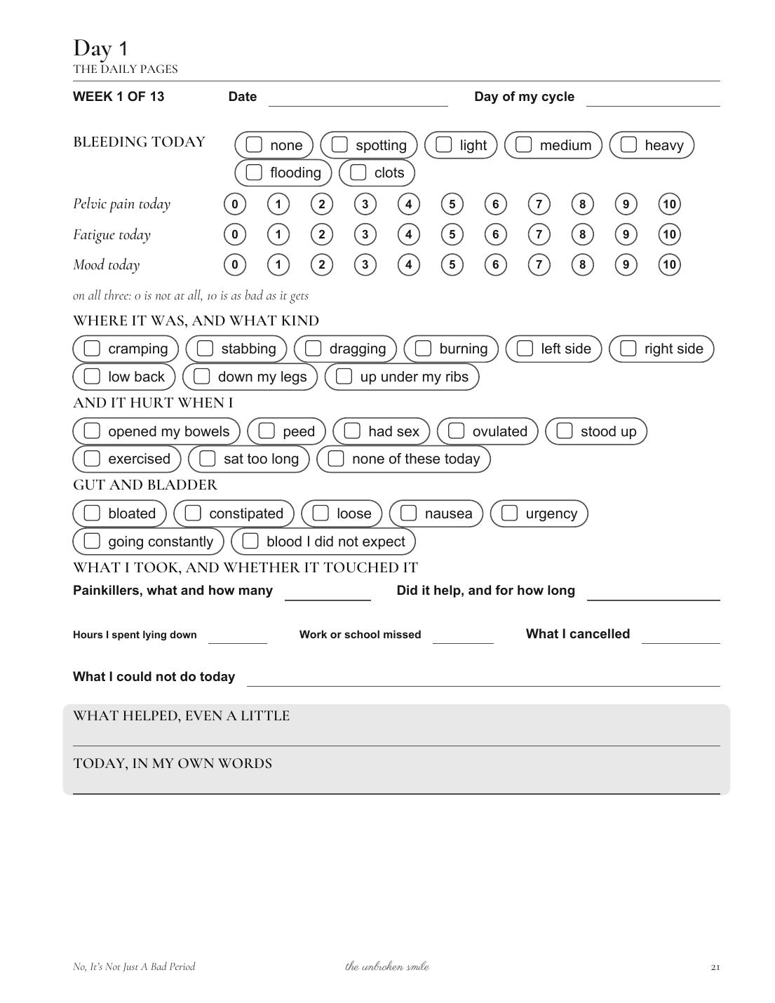 A real daily endometriosis symptom tracking page from No, It's Not Just A Bad Period