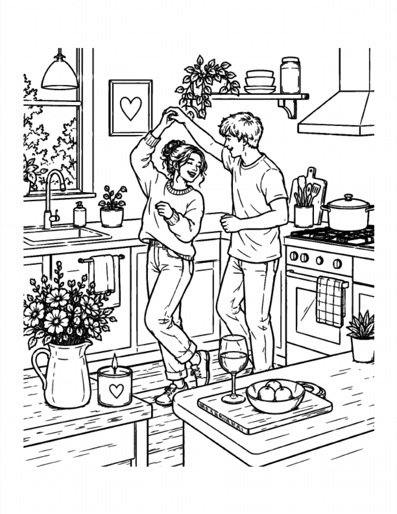 A real coloring page of a couple dancing in the kitchen from Color Your New Chapter