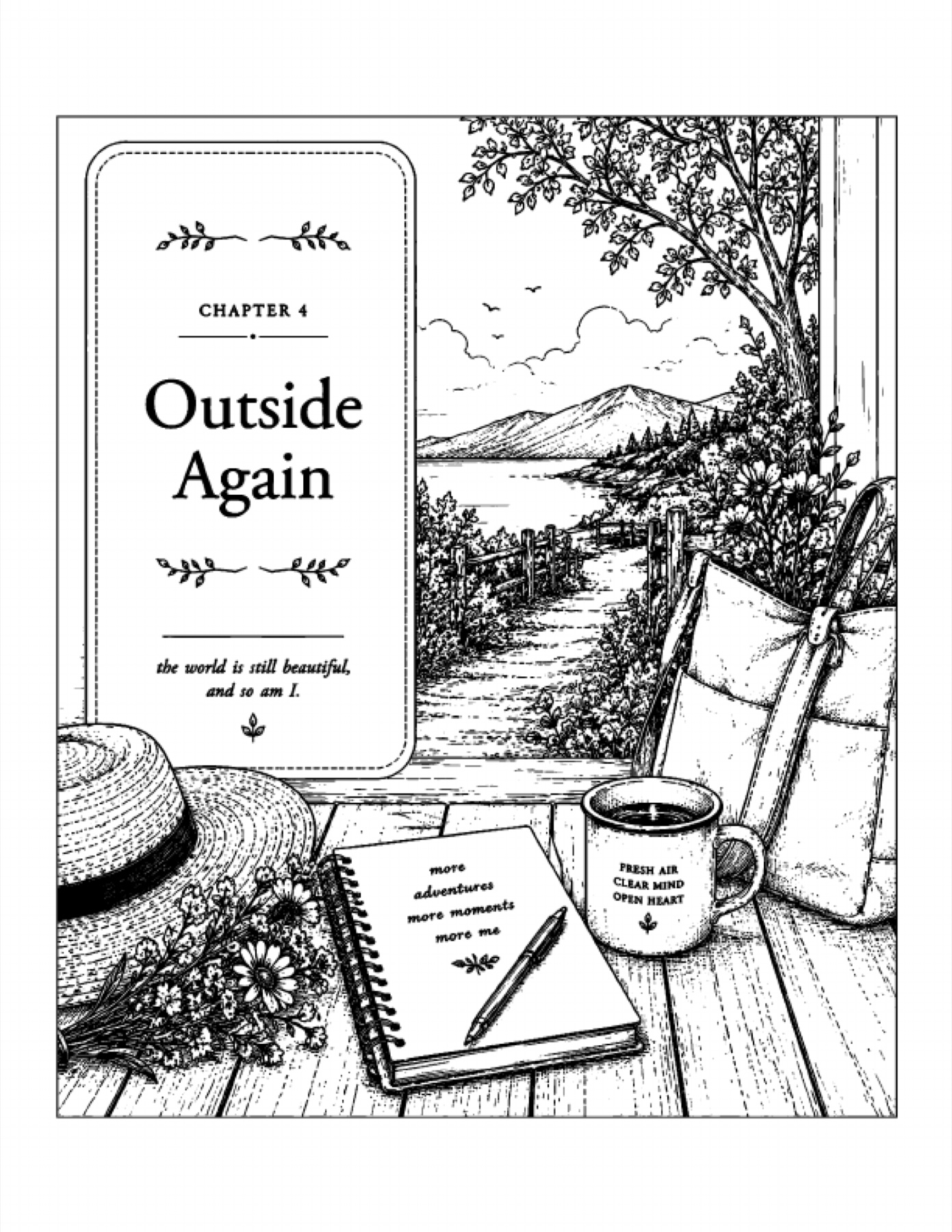 A real scenic coloring page from the Outside Again chapter of Color Your New Chapter