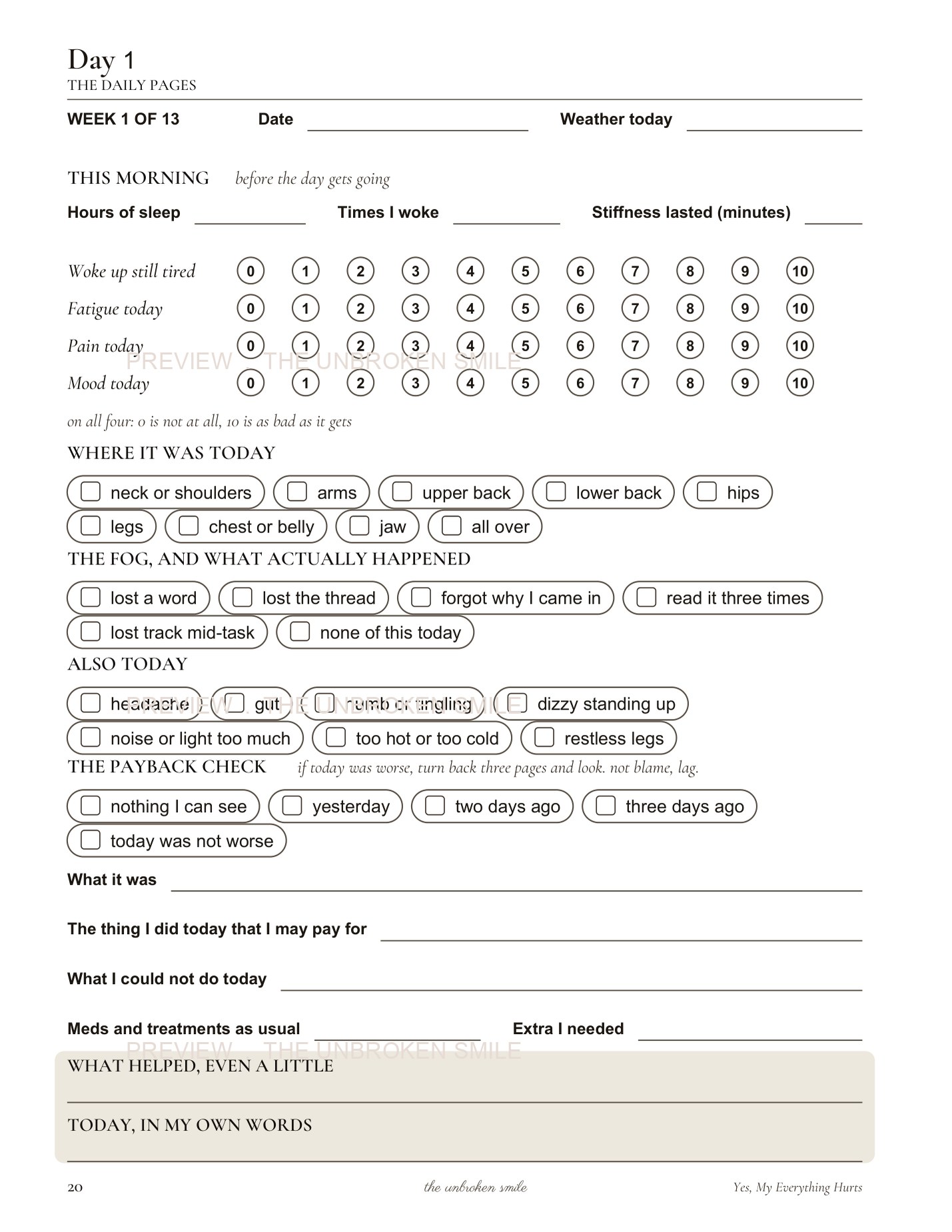 The real daily fibromyalgia tracking page inside Yes, My Everything Hurts