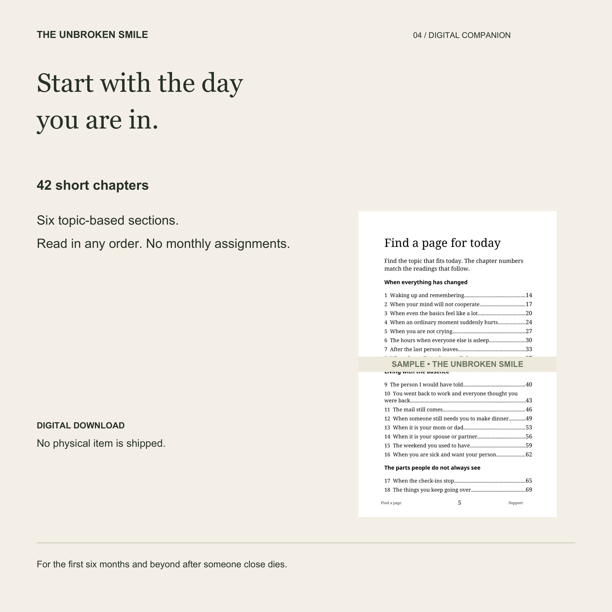 Approved interior excerpt from For the Days You Miss Them introducing 42 short chapters that can be opened in any order