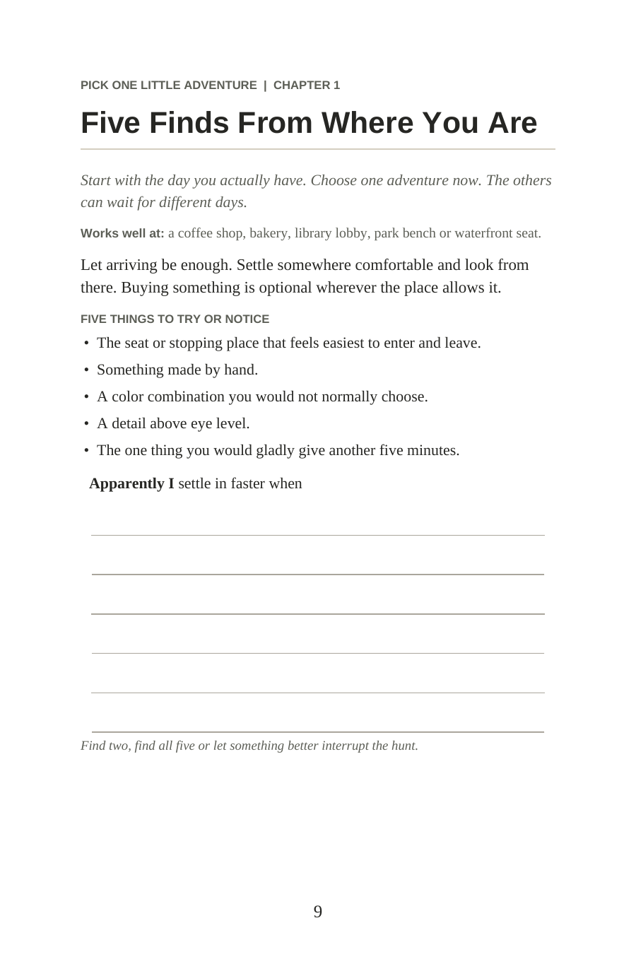 The real Five Finds From Where You Are adventure page from Meet Yourself Out There