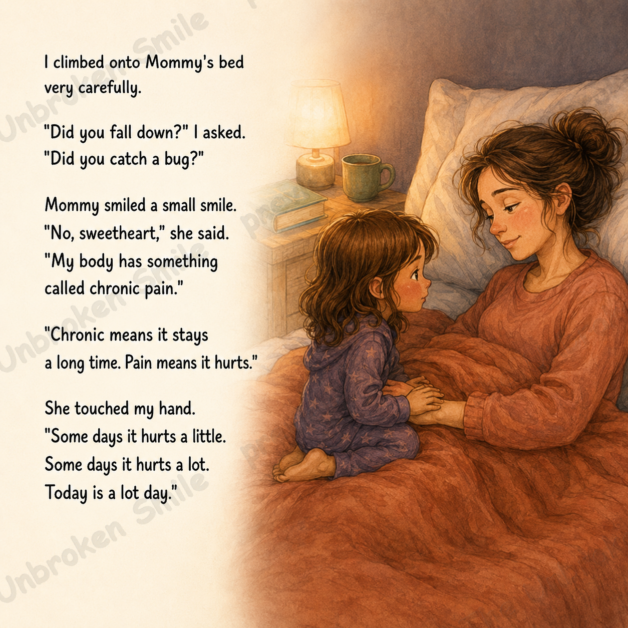 A real story spread explaining chronic pain in child-friendly words from Mommy Hurts Sometimes