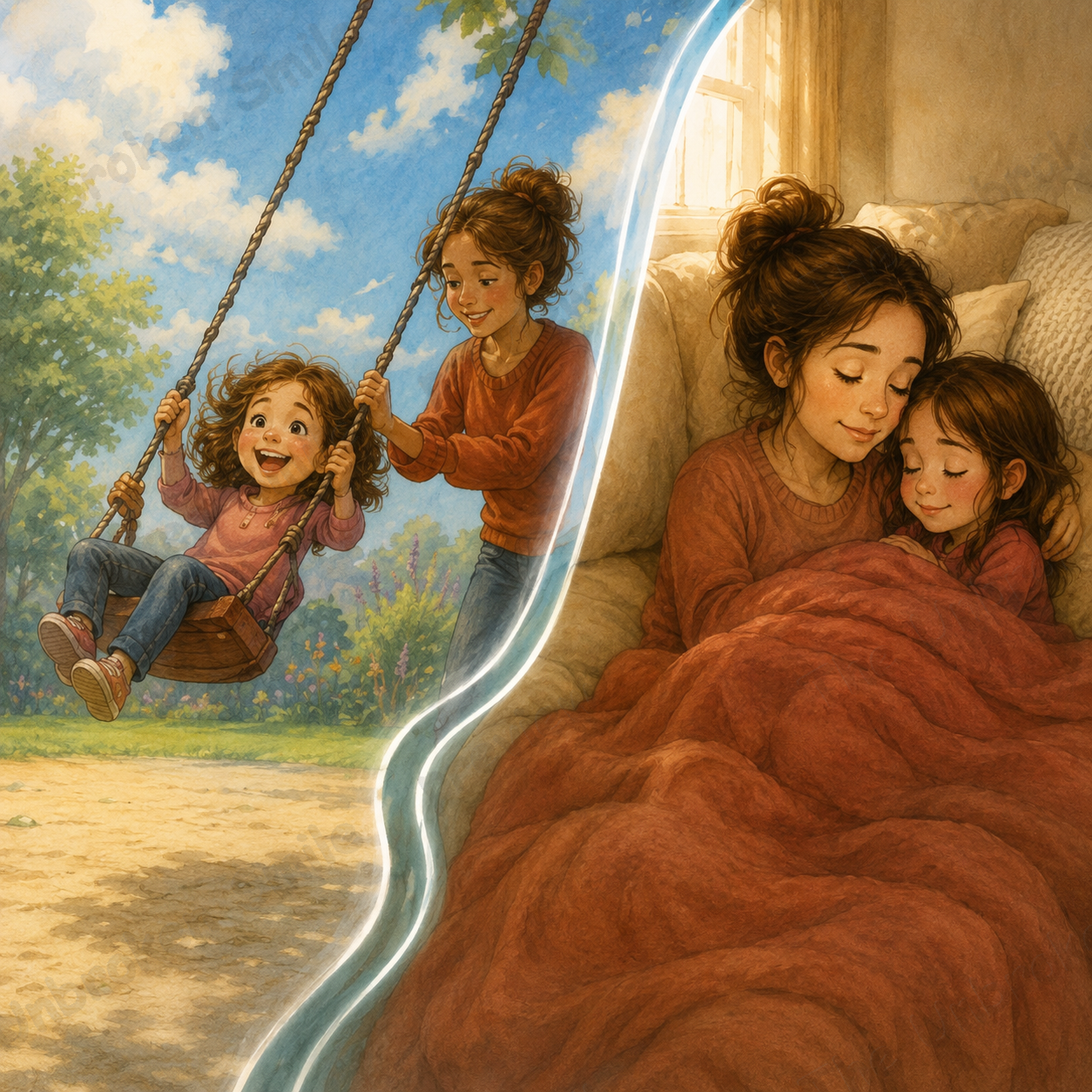 A real illustrated family story spread from Mommy Hurts Sometimes