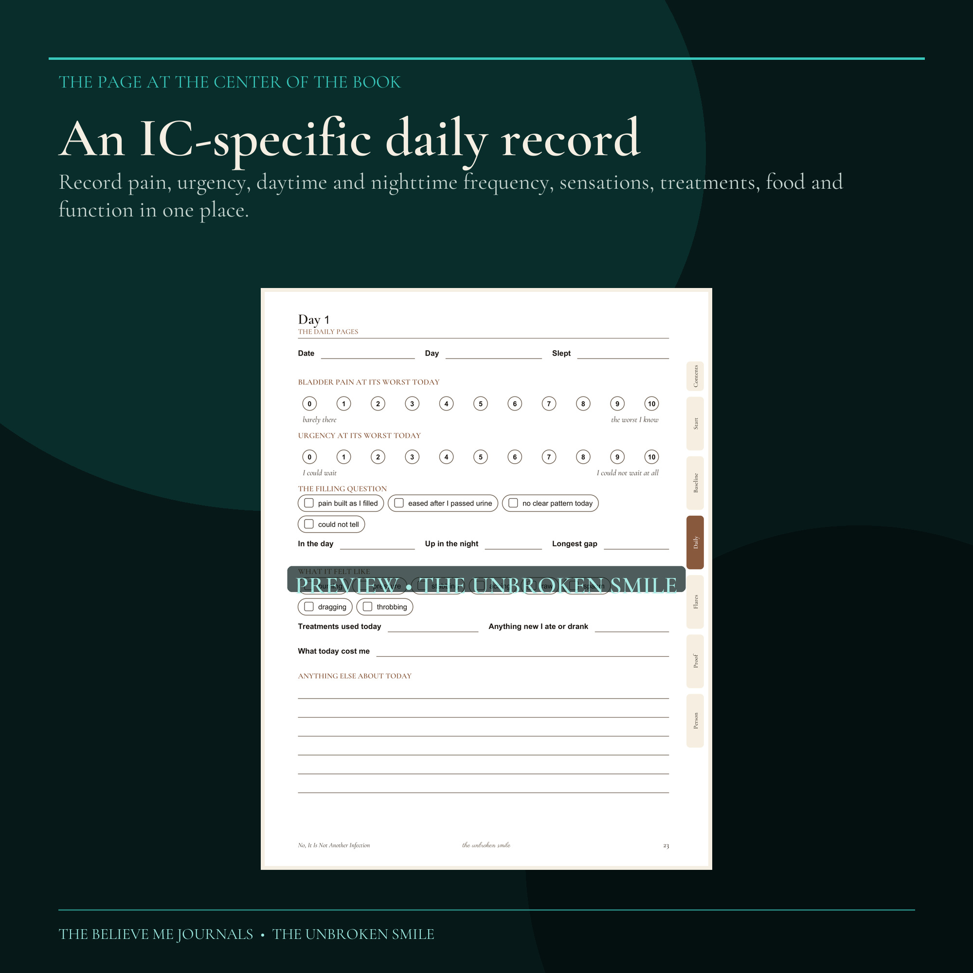Real IC-specific daily page from No, It Is Not Another Infection with separate bladder pain, urgency, frequency, filling pattern, sleep, treatment, food, and function fields