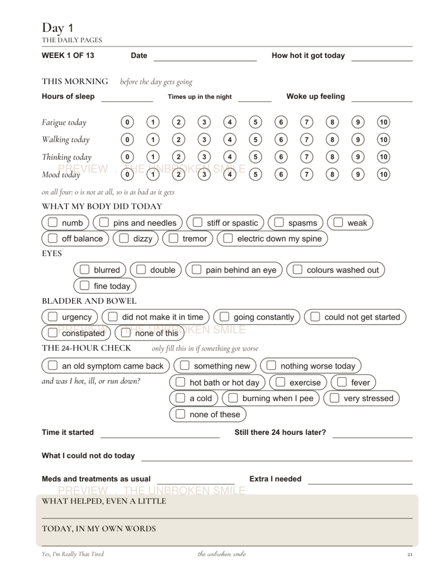 The real daily multiple sclerosis tracking page inside Yes, I'm Really That Tired